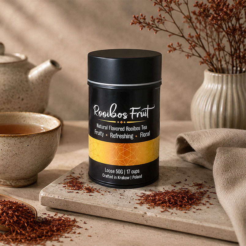 Rooibos Fruit – bezkofeinowa herbata ziołowa liściasta w metalowej puszce 50 g Leo Tea
